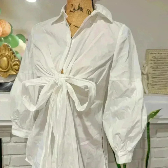 100% COTTON DIANE VON FURSTENBERG tie front blouse white puff sleeve 2 - Picture 5 of 6